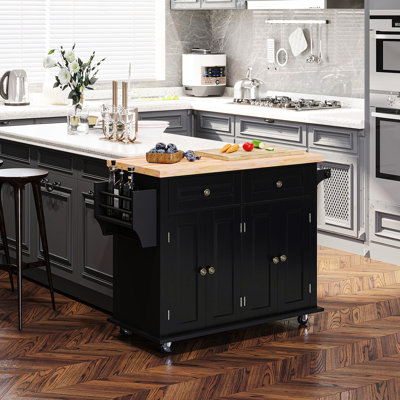Chariot pour îlot de cuisine avec finition noire, avec plateau en bois d'hévéa, porte-épices, porte-serviettes et armoires cachées sur roulettes. Organiser les ustensiles de cuisine 2 tiroirs, armoires. Espace de travail supérieur. Tablettes réglables