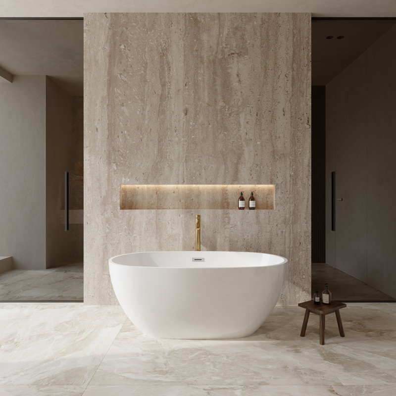 Juno 59'' x 32'' Soaking Acrylic Bathtub with Faucet, White/Polished Chrome/Brushed Gold