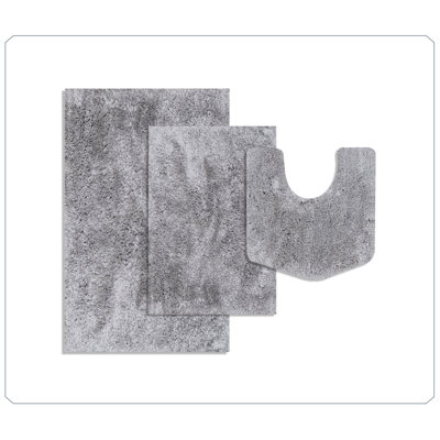 Elegance Bathroom Rug Mat Set 3 Piece, Microfiber Shaggy Bath Set, Non-Slip Ultra Soft Carpet Mats, Absorbent with U-Shaped Toilet for Bathroom, Tub, Shower, Grey