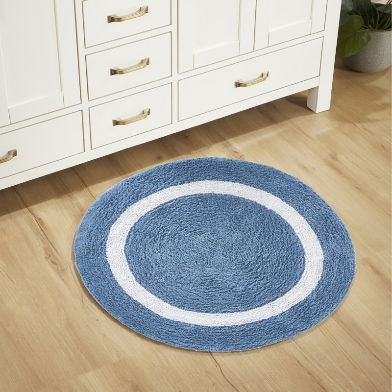 Tapis pour salle de bain réversible 100% coton Widman, doux et super absorbant, lavable à la machine pour la douche, la baignoire et le lavabo, rond 30 po, bleu foncé / blanc