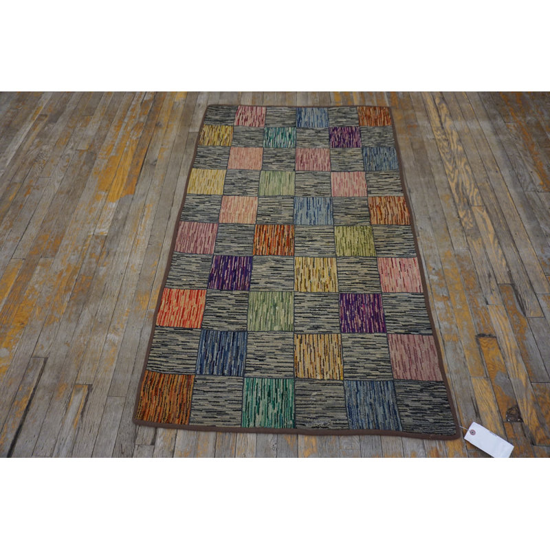 Artistic Geometric Tile Pattern Antique Folk Art American Hooked Rug