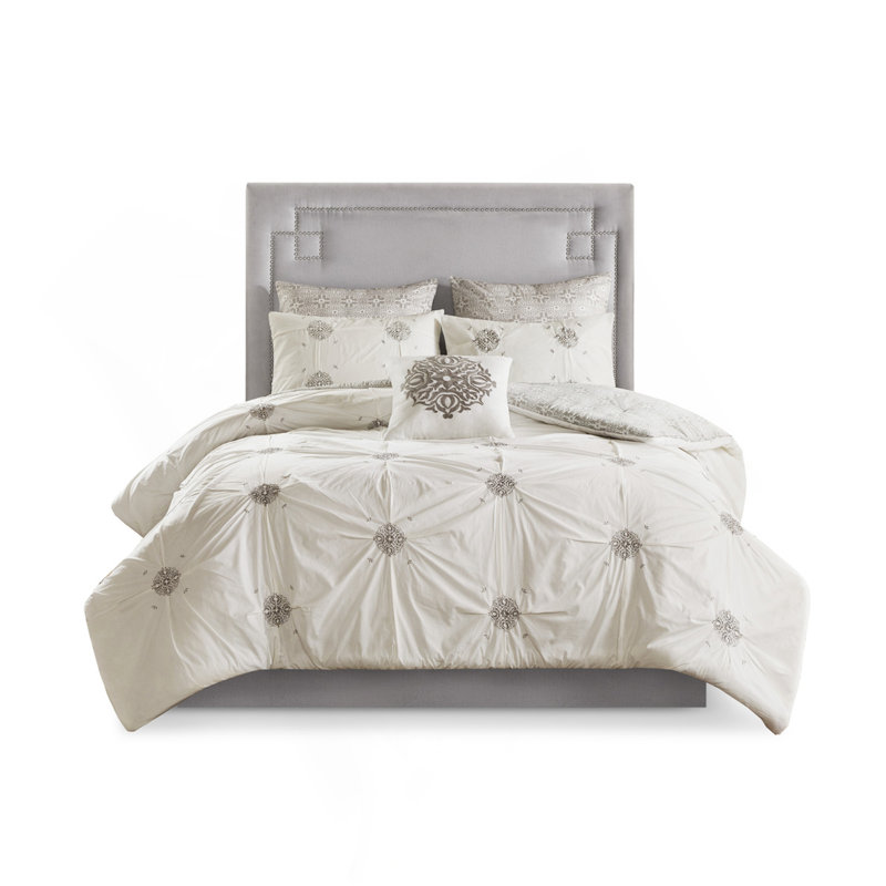 6 Piece Embroidered Cotton Reversible Comforter Set Ivory Full/Queen, Queen Comforter + 5 Additional Pieces