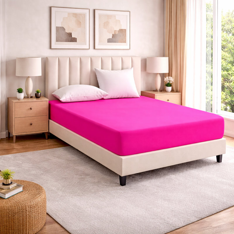 Super Luxury Microfiber 25 cm Plain Fitted Sheet , Double (4'6), Pink