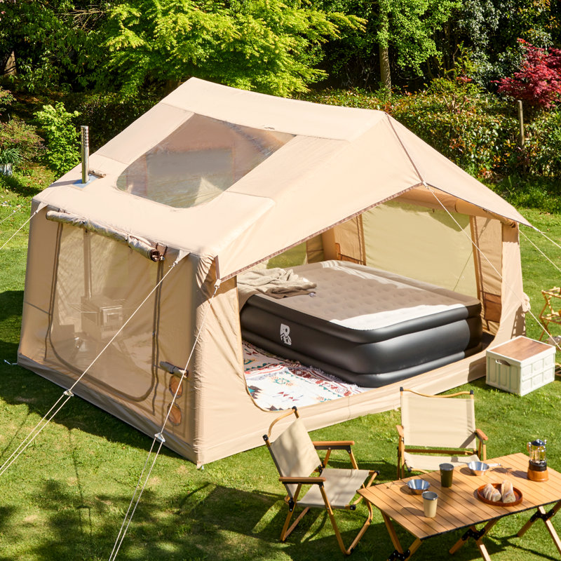 4-6 Person Inflatable Camping Tent with Stove Jack, 300D Oxford Fabric Blow Up Tent, 2 Skylights, Hand Pump, 3-in-1 Windows, Waterproof 4 Season Glamping Tent for Family Camping, Beige