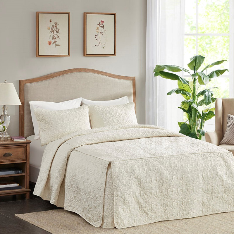 Couvre-lit pour grand lit 3 pièces crème - plié en coin, microfibre, rembourré, grand délicat, plissé, 100%, look classique