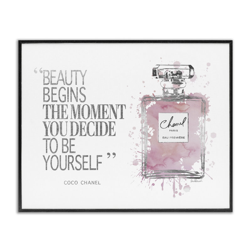 «Beauty Begins Fashion Perfume», art textuel, H 14 po x l 11 po, Giclée encadrée noir minuit