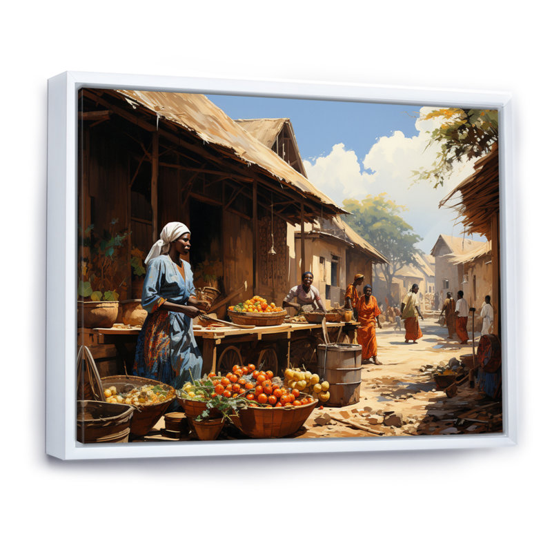 African Vibrant Market II - Art mural africain, Blanc, H 24 po x l 32 po, Reproduction avec cadre flottant