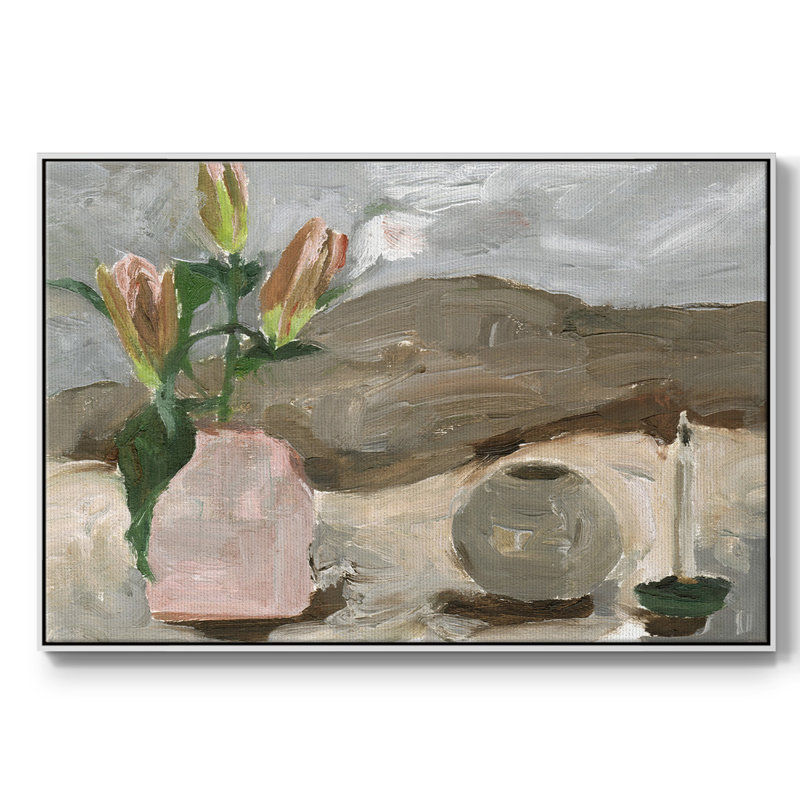 Vase de fleurs roses en V - imprimé, H 27 po x l 41 po x P 2 po, Toile encadrée flottée blanche