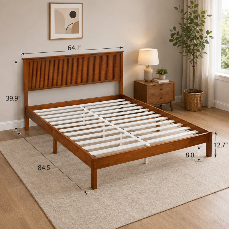 Lit Queen Size en bois d'hévéa massif de 215 cm (84,5 pouces), tête de lit ondulée couleur noyer, traverse centrale et pieds de plateforme renforcés