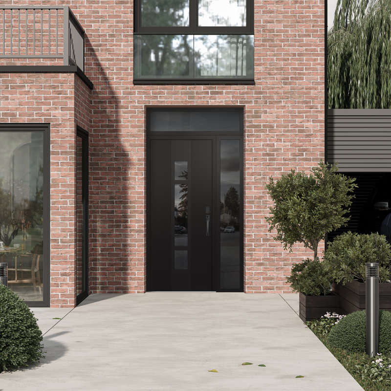 Porte d'entrée pré-suspendue en acier à panneau noir Diamond A9 avec panneau latéral et traverse, L 49,25 po x H 95,69 po
