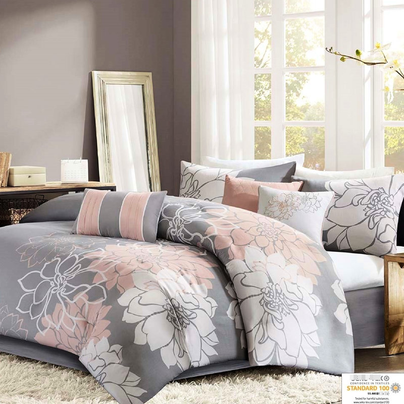 Literie en coton pour grand lit - gris / pêche, floral, jupe de lit et 3 coussins décoratifs gris / pêche, avec
