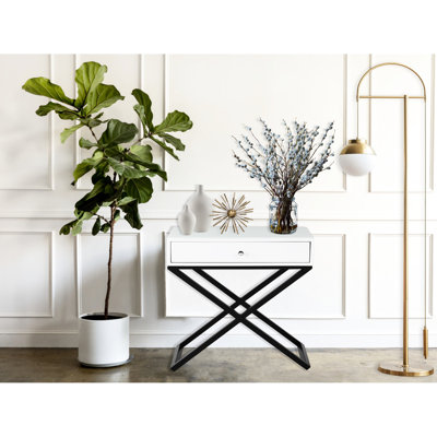 White Wooden Side Table 23" With Glass Top, Drawer, And Metal Cross Leg Base End Glass, 23