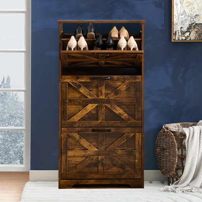 Armoire à chaussures pour le hall d'entrée avec 3 tiroirs rabattables, armoire de rangement à chaussures en bois, 3 niveaux autoportants, organisateur de chaussures mince et élégant pour le vestibule, le couloir, le salon