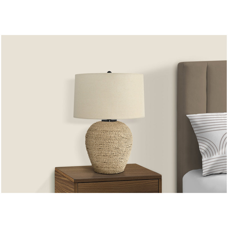 Lighting, h 25 po, lampe de table, rotin, abat-jour beige, transitionnel
