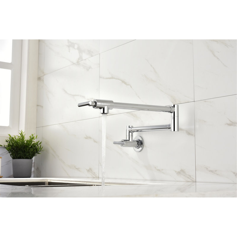 Pot Filler - Brass Content, Double Handle, Stable Control Wall Mount Brass, Drip Finish, Stainless Steel