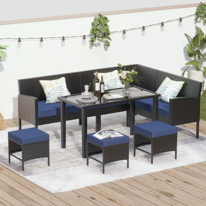 Ensemble de canapé de patio 7 pièces avec plateau de table et pieds en métal, Bleu