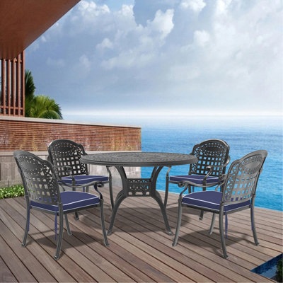 5-Piece Set Of Cast Aluminum Patio Furniture With Black Frame And Blue Seat Cushions
