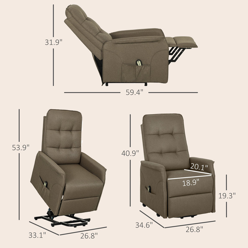 Canapé inclinable en tissu avec télécommande, fauteuil relevable électrique, poches latérales, assemblage rapide, Brun
