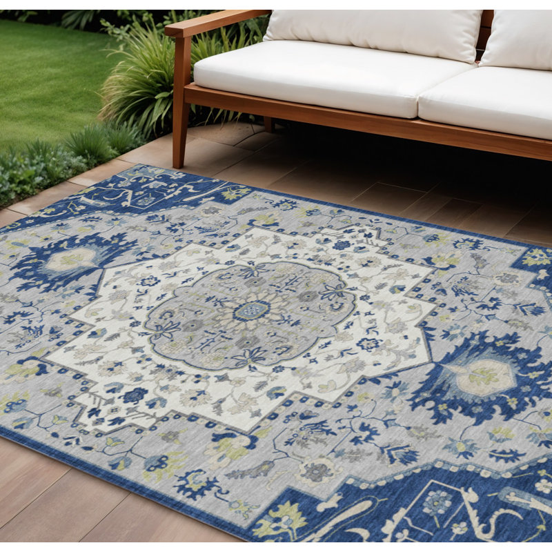 Tapis oriental lavable intérieur / extérieur 9 pi x 12 pi bleu marine