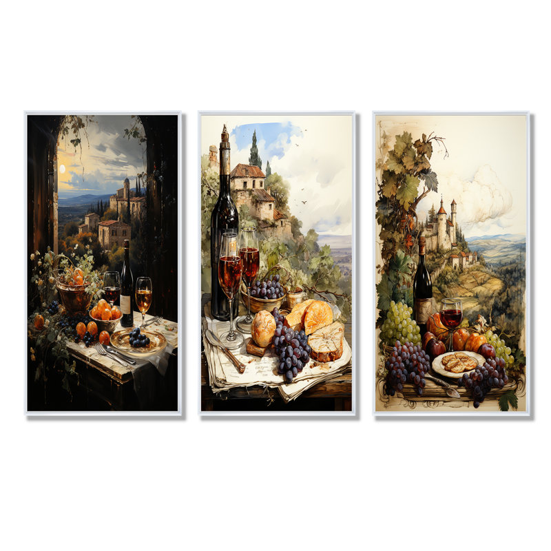 «Italian Wine Savory Journey», ensemble d'art mural sur toile 4 pièces, H 28 po x l 36 po, Cadre flottant blanc