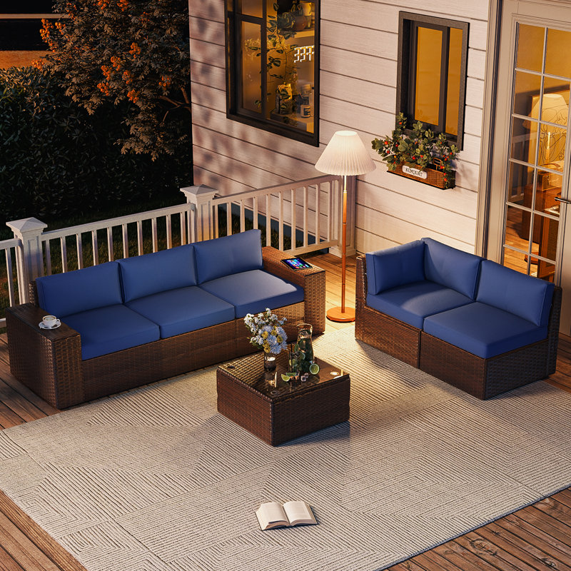 Ensemble de conversation en osier pour 6 personnes avec coussins, Bleu