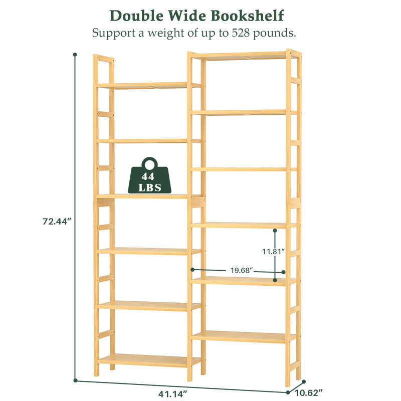 Bamboo Bookcase, 6-Tier Large Open Bookshelf  With Display Shelves, Natural, (12 Shelves) 72.44"H x 41.14"W x 10.63"D
