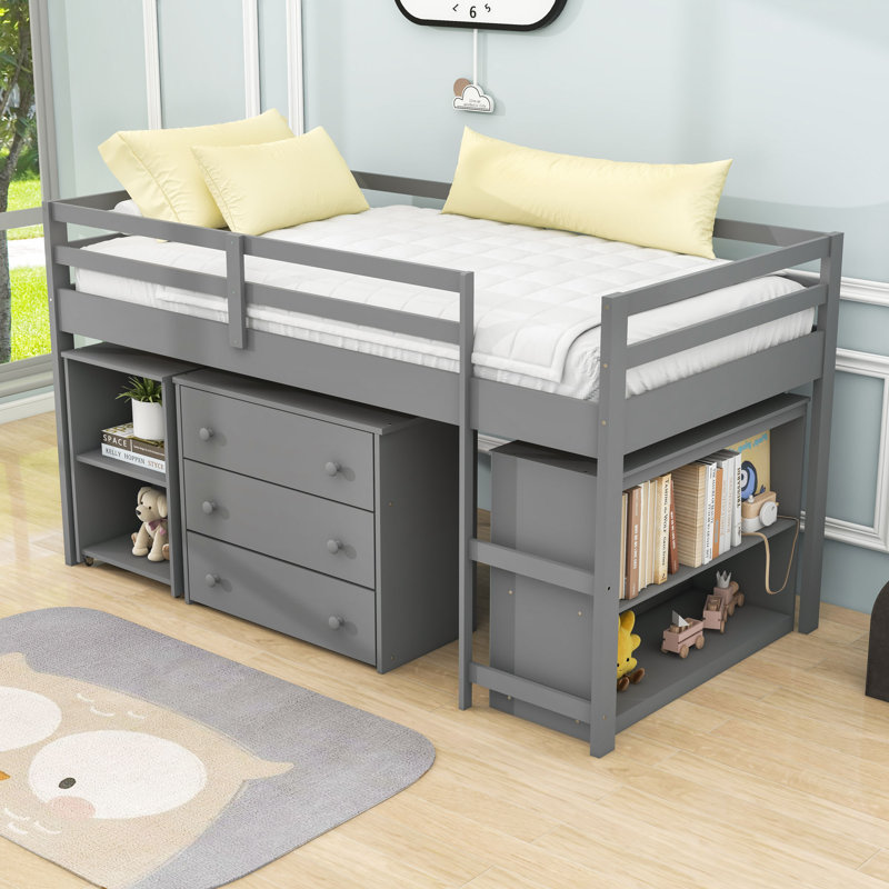 Elieser Kids Twin Loft Bed with Drawers, Gray