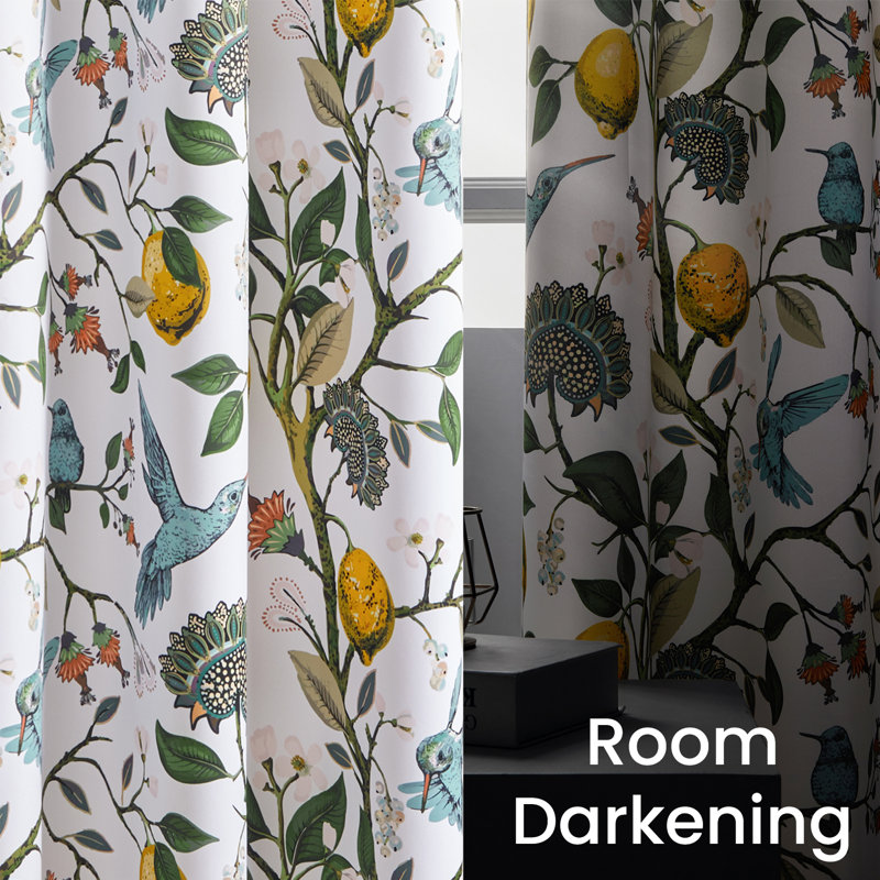 Fancy Hummingbird Patterned  Room Darkening Curtain,Rod Pocket Back Tab Floral Drapes,Set of 2, 52" W x 84" L, White