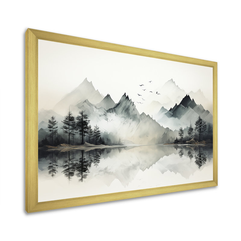 Aquarelle, rêve de lac et de forêt I, Cadre doré simple, H 12 po x l 20 po x P 1 po