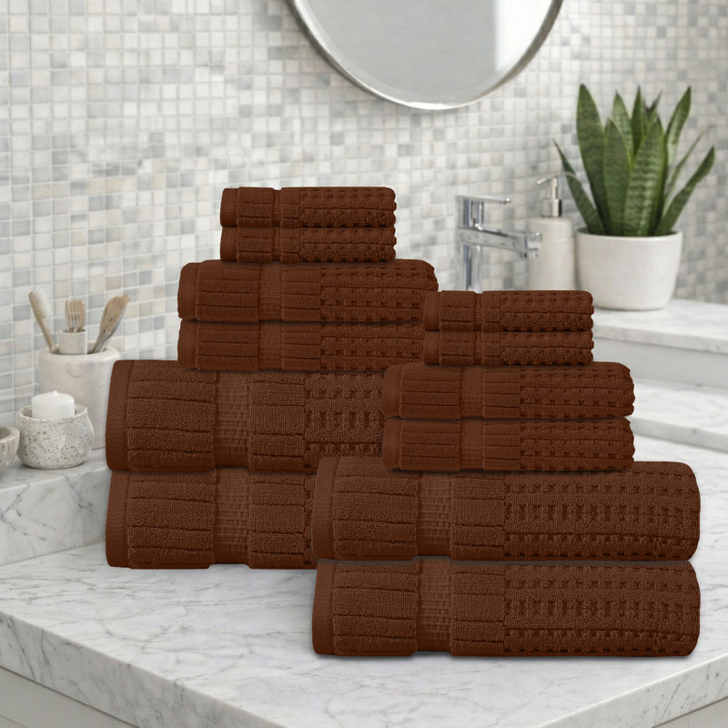 Willow 12 Pieces Towel Set – 100% Combed Cotton, Premium Quality 630 GSM, Chocolate, Ultra-Soft & Highly Absorbent (4 Bath, 4 Hand, 4 Wash Towels set)