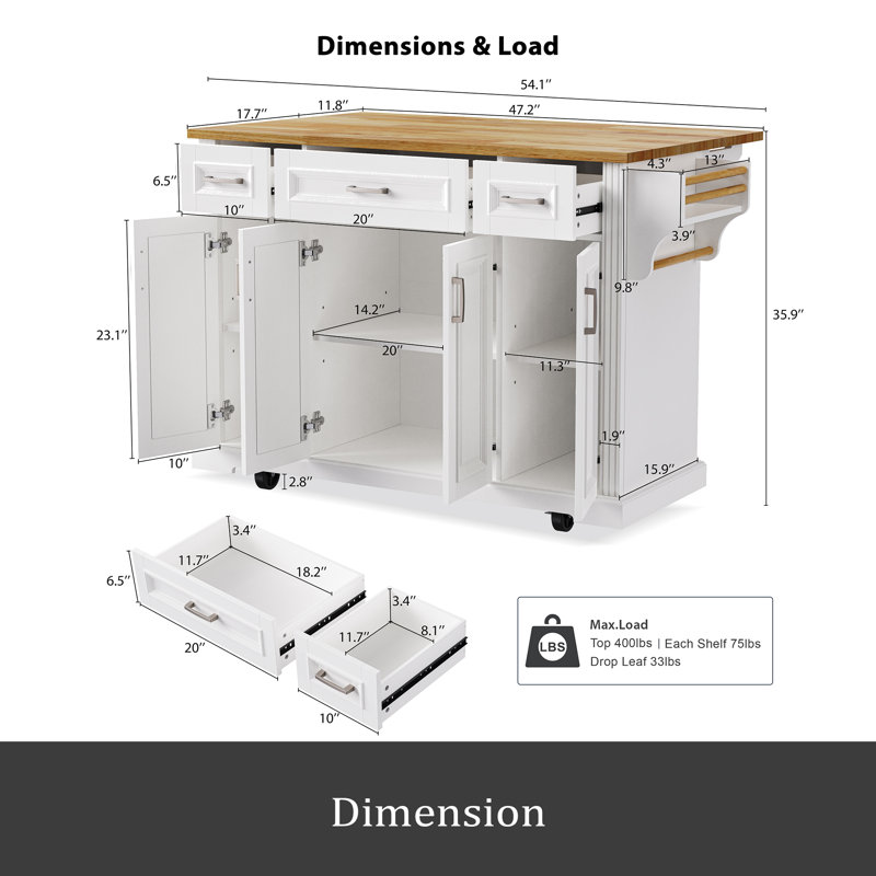 54Inch Large Kitchen Island With Rubber Wood Drop Leaf, Embossed Texture Rolling Kitchen Cart On 4 Wheels With 4 Doors And 3 Drawers, Kitchen Island With Storage For Kitchen, Dining Room