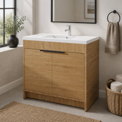 Meuble-lavabo autoportant de 91 cm avec lavabo, armoire en contreplaqué, porte à fermeture amortie, lavabo en céramique antidébordement