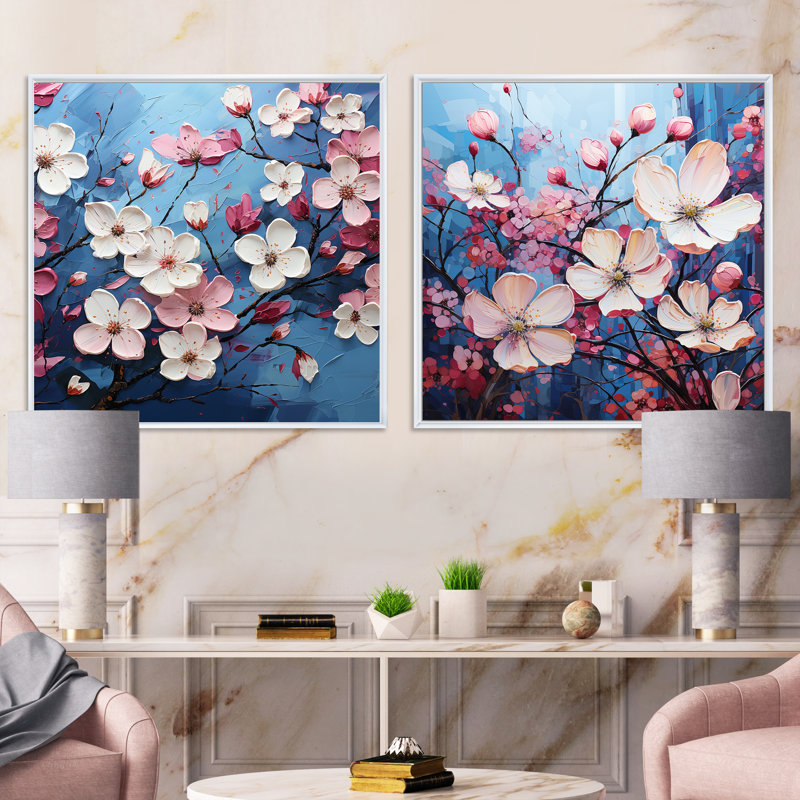 Fleurs de cornouiller bleues et roses - ensemble de 2 collages carrés, Cadre flottant blanc, H 36 po x l 73 po