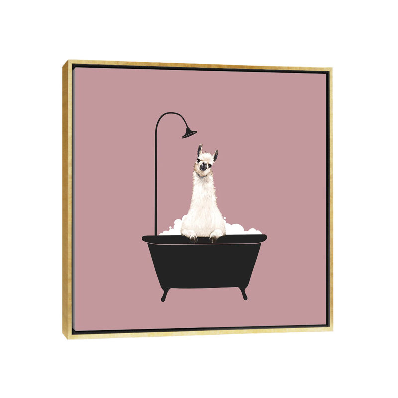 Lama dans une baignoire, H 37 po x l 37 po x P 1,5 po, Toile encadrée d'or