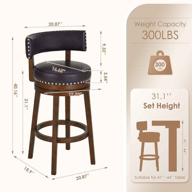 360° Swivel Bar & Counter Stool with Nailhead Trim, Upholstered Solid Wood Bar Chair for Kitchen Island