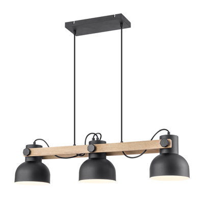 Éclairage pour îlot de cuisine 33 po, lustre linéaire industriel à 3 lumières avec abat-jour dôme en métal réglable et poutre en bois naturel, luminaire suspendu noir pour salle à manger