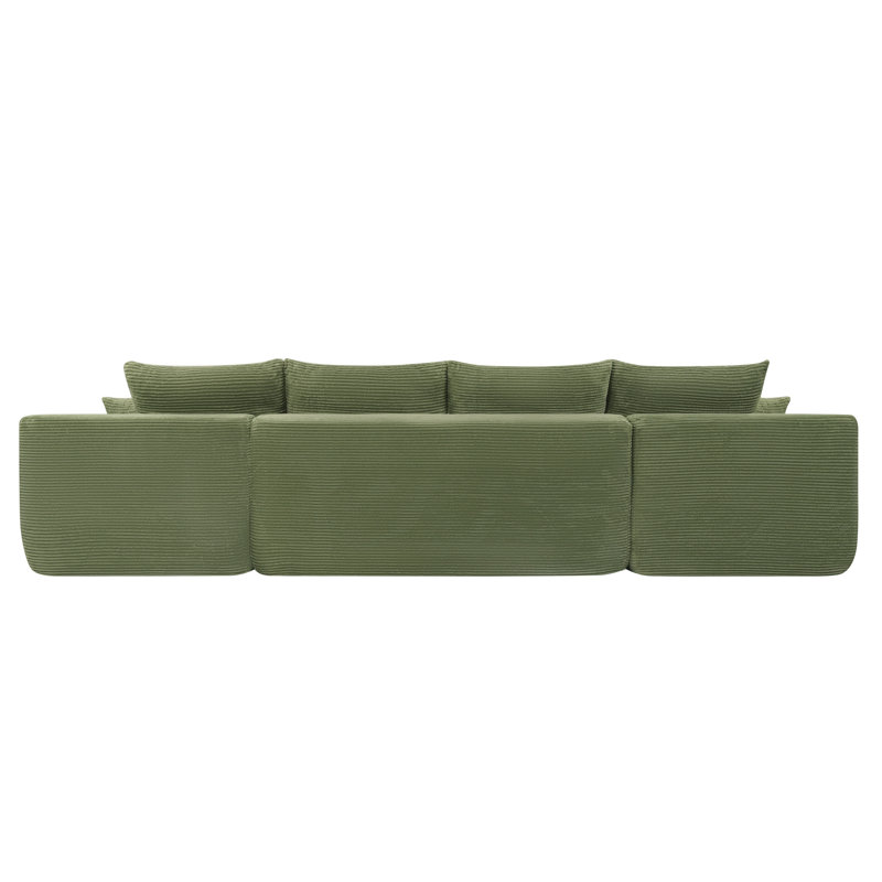 Canapé modulaire 126 po avec méridienne en forme de U, poches latérales et porte-gobelet 126 po, Green Fabric