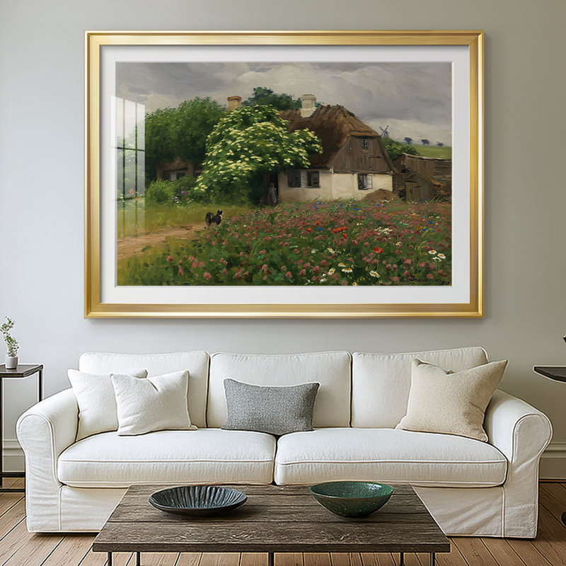 «Idyllic Farmhouse with Blooming Sureau» - Hans Andersen Brendekilde, reproduction encadrée avec passe-partout et verre Fin du 19e siècle / début du 20e siècle