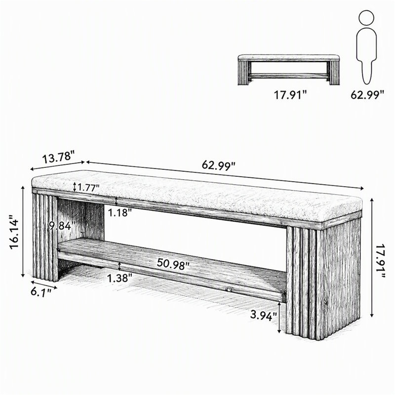 Banc de 63 po en bois massif, banc de bout rembourré moderne, Brun rétro, Brun rétro