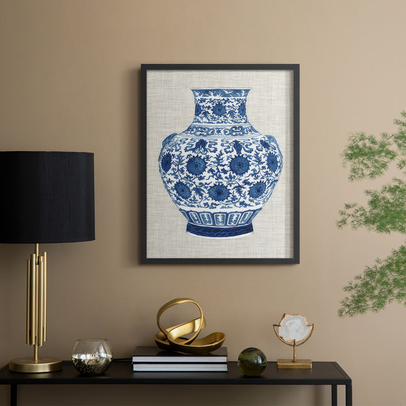Vase Ming sur lin, reproduction encadrée en V - bois massif, Noir, noir, noir, noir, H 21 po x l 17 po
