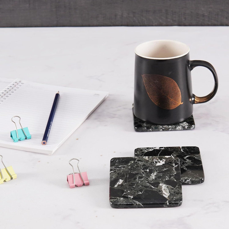 3.5" Marble Coaster Set with Holder, Black