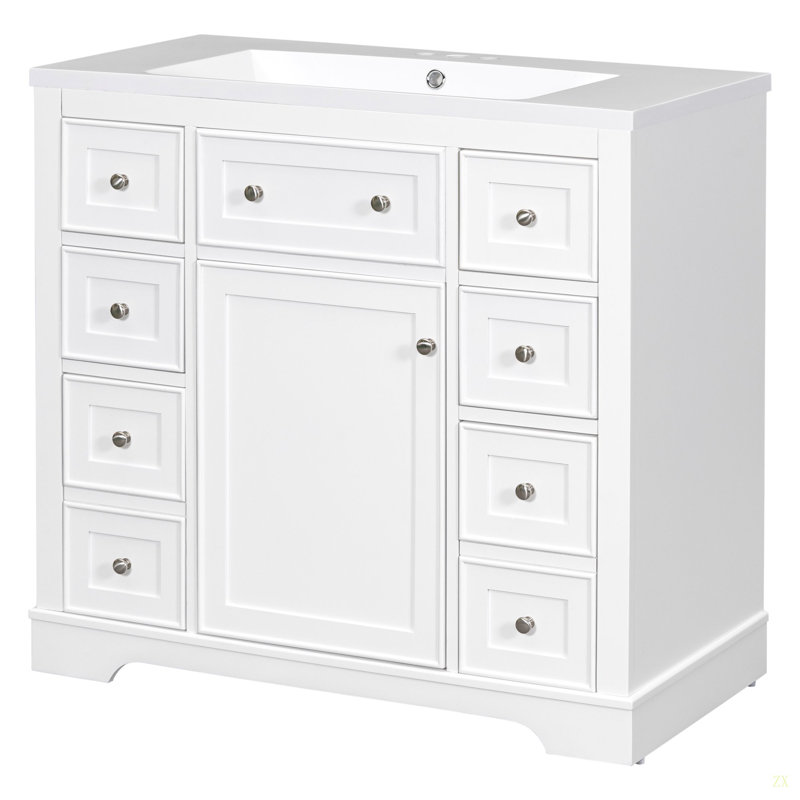 Ensemble de meuble-lavabo 36 po avec lavabo, une armoire et six tiroirs, bois massif et panneau de fibres à densité moyenne
