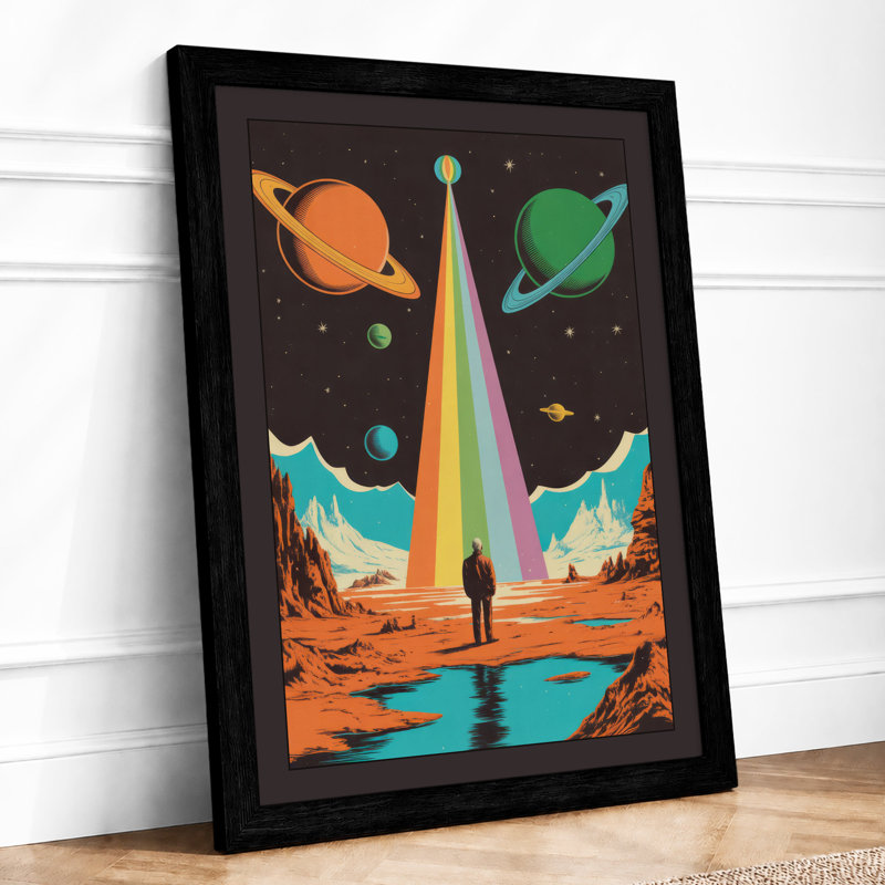 Figure Under Cosmic Light Retro - Framed Print, A4 - 29.7 x 21.0 cm, Black