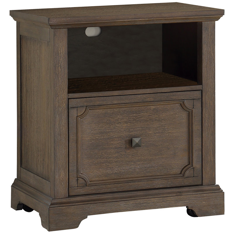 Classeur de bureau au fini chêne foncé patiné, 1 tiroir avec glissières à roulement, rangement et pour une mobilité en douceur Bureau, armoire, rustique, transitionnel, tiroir, tablette, document pratique