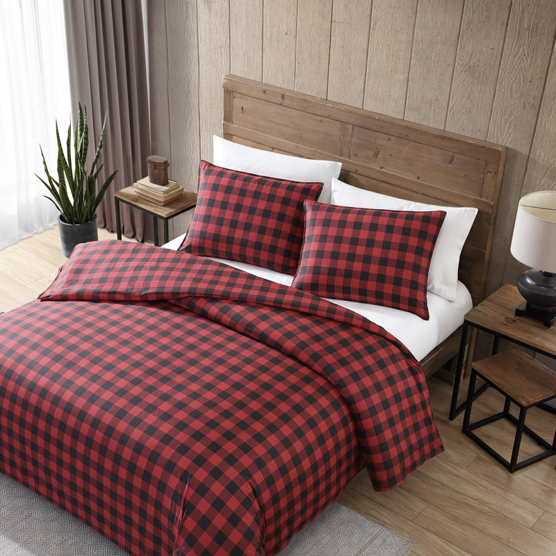 Eddie Bauer Mountain Plaid Dusted Comforter Set, Scarlet, Full/Queen Comforter + 2 Shams
