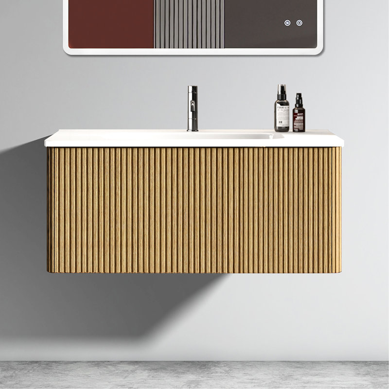 36 - Inch Bathroom Vanity, Natural Oak, Wall Mounted Floating, White Integrated Sink, Push Open Drawer, U Shape Fitting 36" Striped Oak Ceramic Material, Hardware,