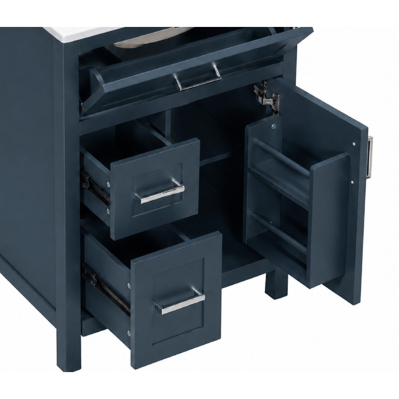 Meuble-lavabo bleu de 61 cm (24 pouces) avec rangement, structure en bois massif, lavabo en céramique, 1 porte à fermeture douce et 3 tiroirs, poignées argentées en alliage de zinc, idéal pour les petites salles de bain.
