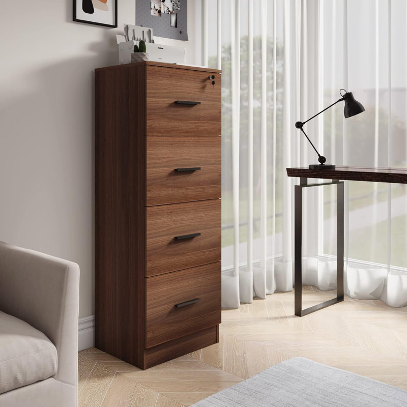 Latitude Run® File Cabinet, 4 Drawer Wood Lateral Filing Cabinet With Lock OLFC008, Walnut