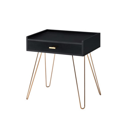 Table d'appoint noire avec poignée en cuivre mat et rangement supplémentaire, style Mid-Century 23,5 po, pieds en épingle à cheveux mats 23,5 po, présentoir de tiroir