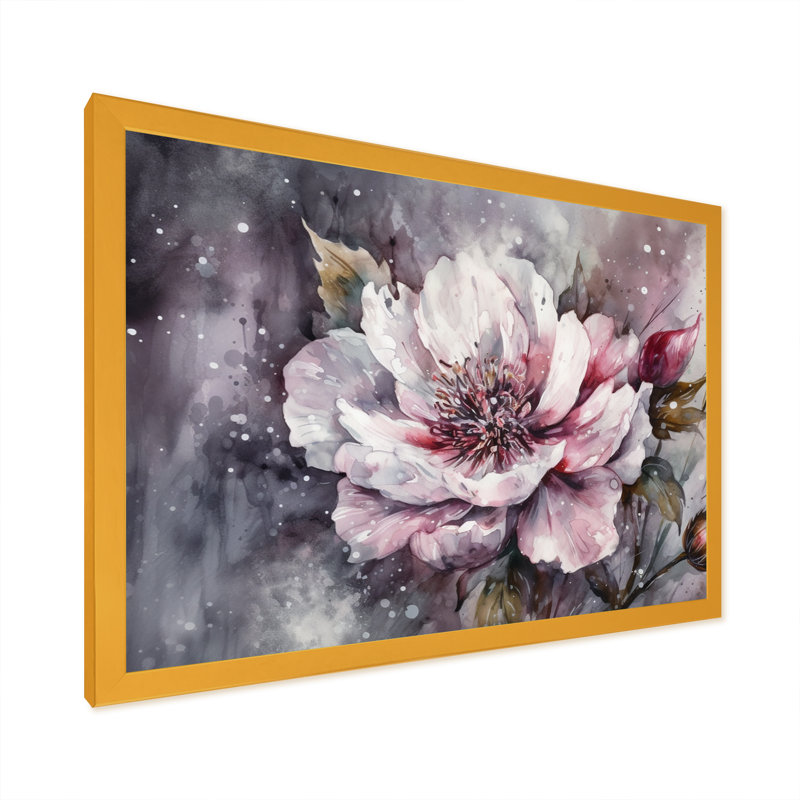 Pivoines roses et vertes sur une branche I - impression, Cadre doré simple, H 16 po x l 32 po x P 1 po